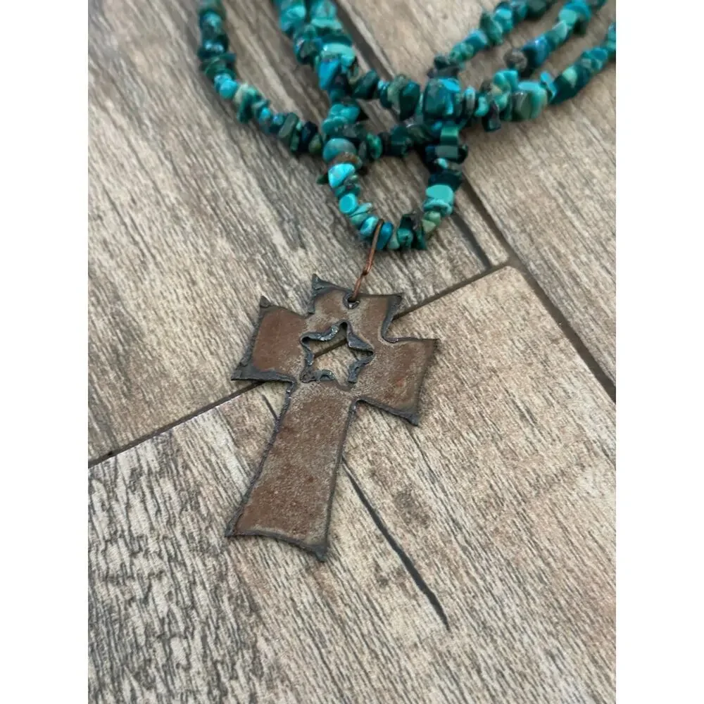 Vintage Women's Turquoise Multi Strand Nugget Cross Necklace